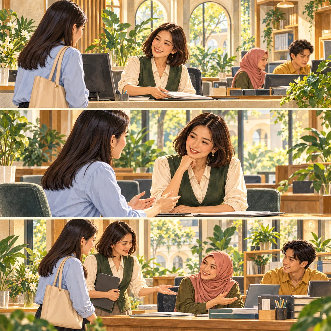 เธอพาไปยังจุดที่ถูกต้องและแจ้งผู้รับผิดชอบ ผู้มาติดต่อจึงรู้ว่าจะได้รับความช่วยเหลืออย่างไร