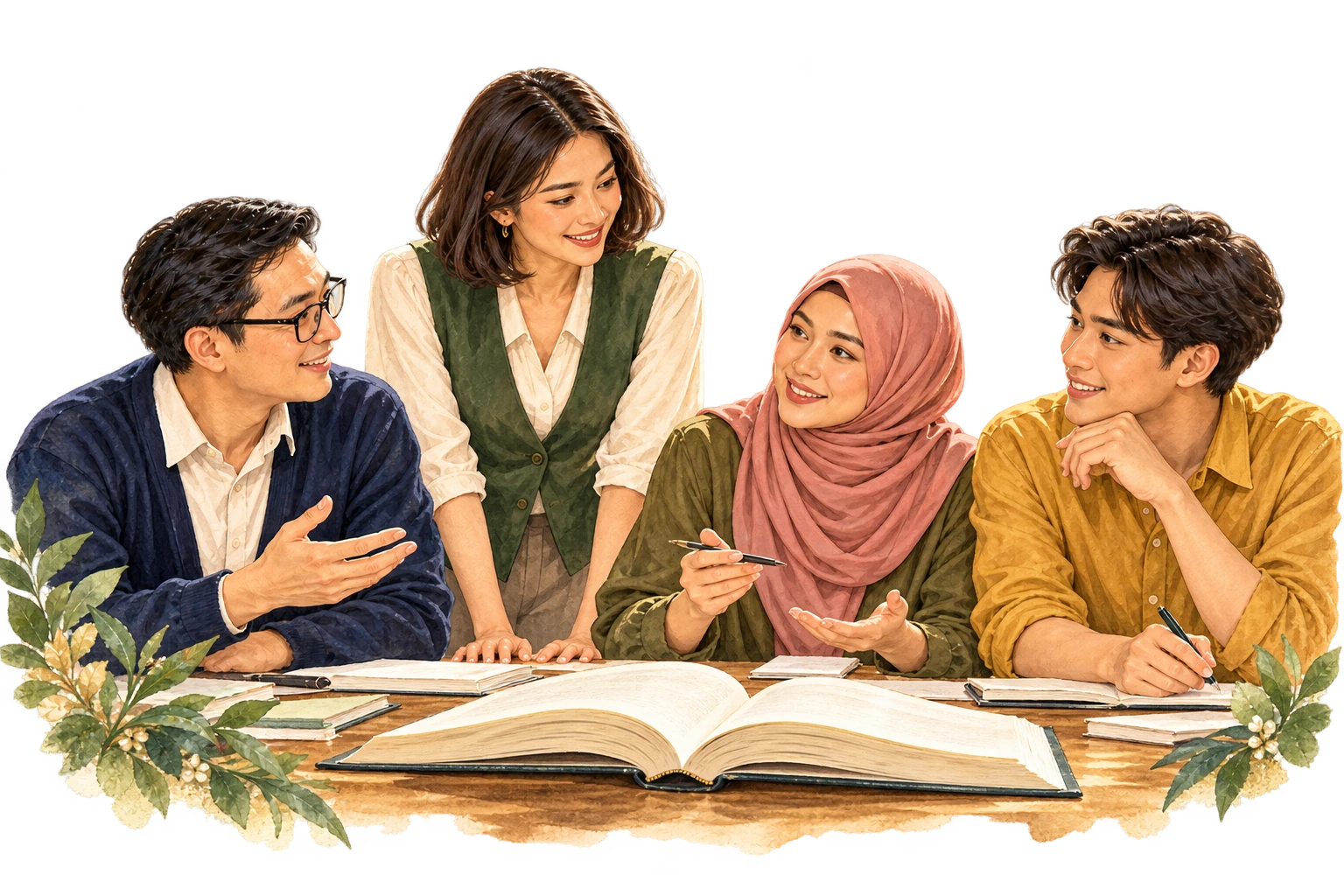 เพื่อนร่วมงานสมมติทั้งสี่พูดคุยรอบหนังสือที่เปิดอยู่